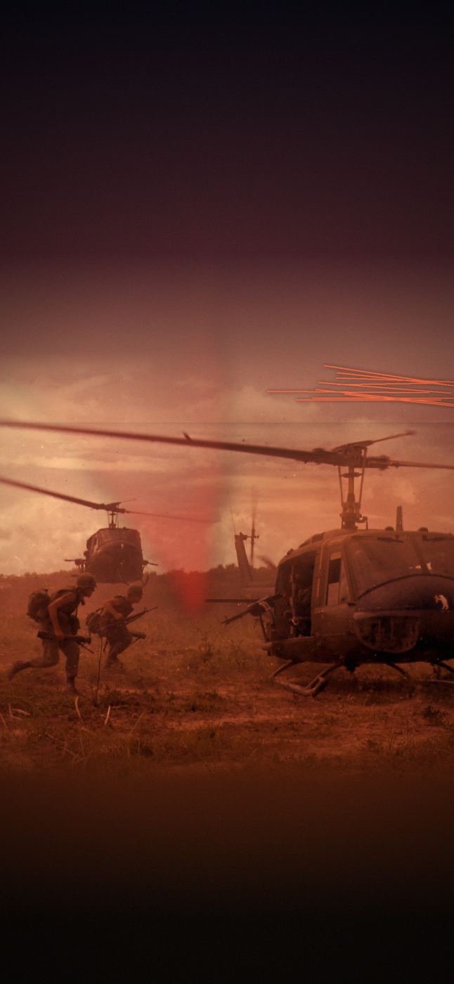 Hueys landing at dusk